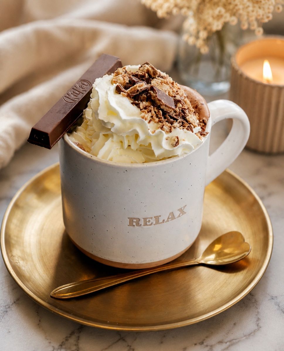 A hot chocolate topped with cream and chocolate in a “Relax” mug